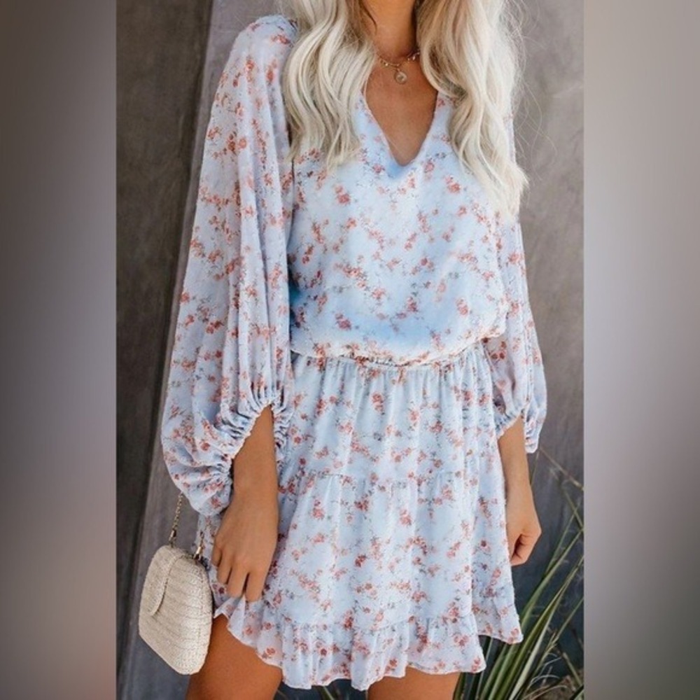 VICI Mini Dress Women Small Light Blue Floral Tyche Long Sleeve Ruffle Boho